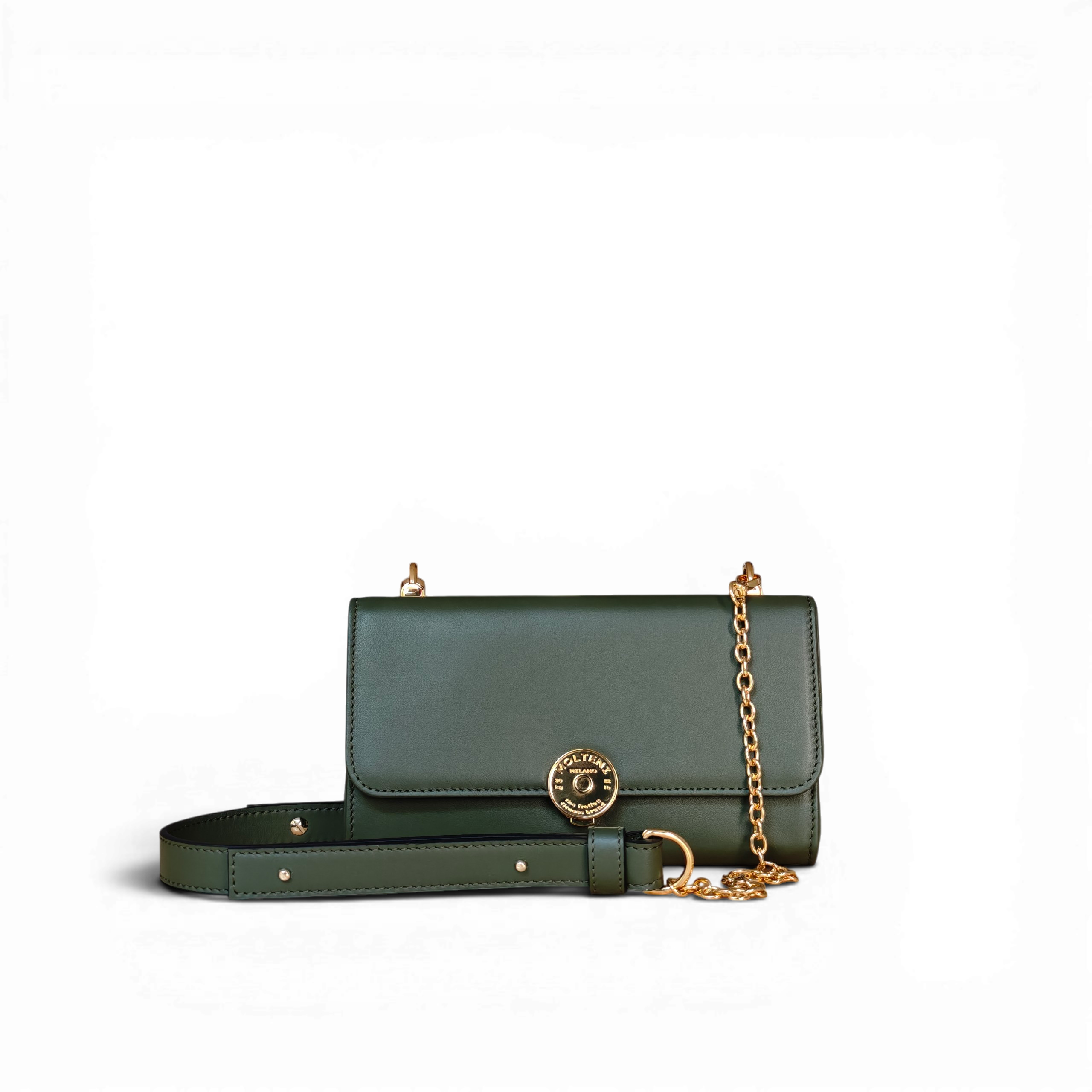 Immagine di MARGHE small AMRY GREEN frontale, la pochette in pelle di MOLTENI MILANO