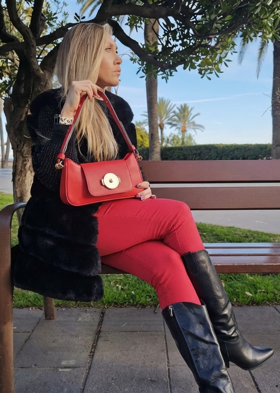 Modella con Tina red small per mostrare il look da abbinare